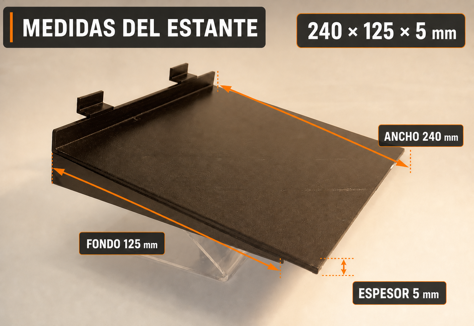Infograf&iacute;a del estante compacto para calzado en panel de lama con 240 mm de ancho, 125 mm de fondo y 5 mm de espesor